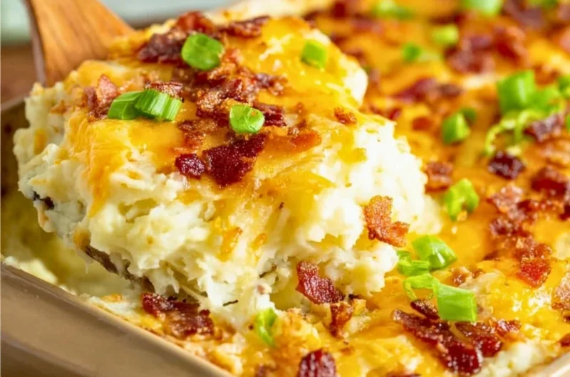 Delicious twice baked potato casserole from The Pioneer Woman topped with cheese.