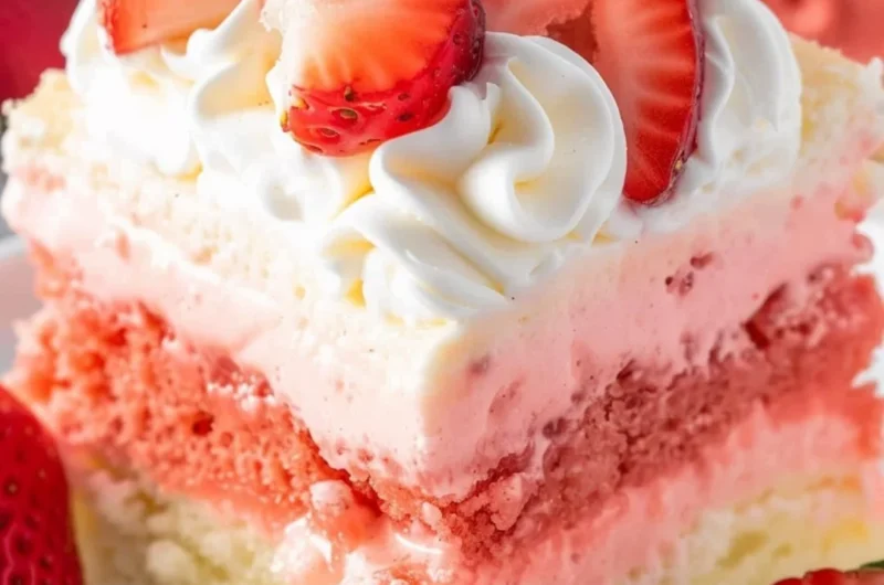 Close-up of a slice of Strawberry Cheesecake Poke Cake on a plate.