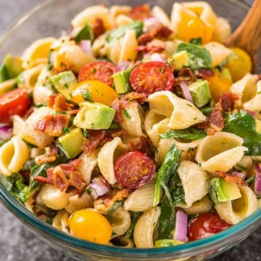 Avocado BLT Pasta Salad with bacon, lettuce, tomatoes, and pasta