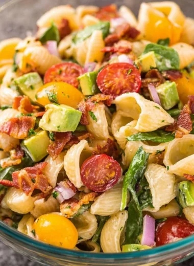 Avocado BLT Pasta Salad with bacon, lettuce, tomatoes, and pasta