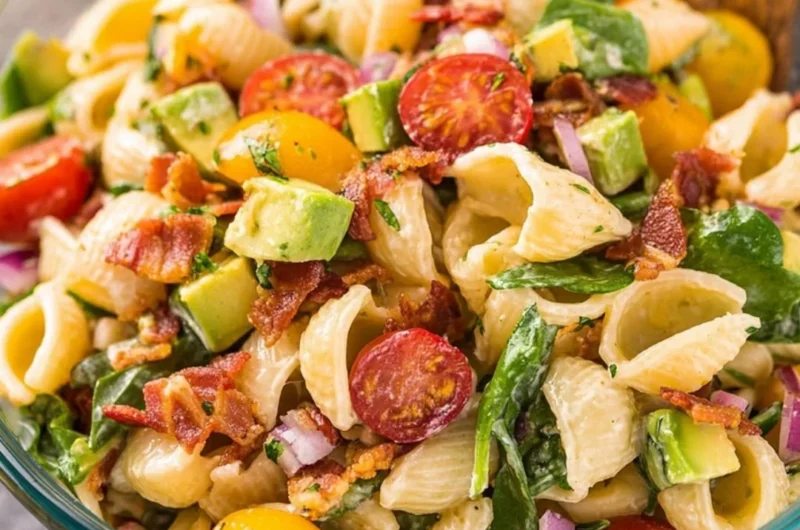 Avocado BLT Pasta Salad with bacon, lettuce, tomatoes, and pasta