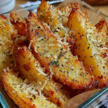 Baked garlic parmesan potato wedges on a plate with dipping sauce.