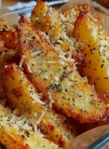 Baked garlic parmesan potato wedges on a plate with dipping sauce.