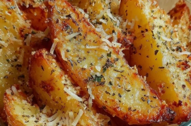 Baked garlic parmesan potato wedges on a plate with dipping sauce.