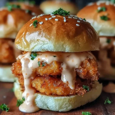 Bang Bang Chicken Sliders served with spicy sauce and garnishes