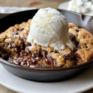 BB S'mores chocolate chip cookie skillet with melted chocolate and marshmallows