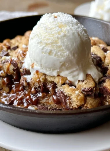BB S'mores chocolate chip cookie skillet with melted chocolate and marshmallows