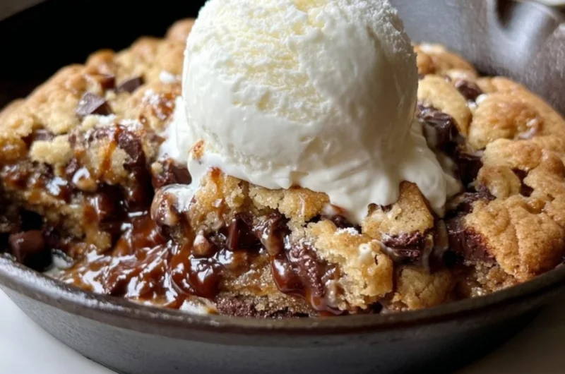 BB S'mores chocolate chip cookie skillet with melted chocolate and marshmallows