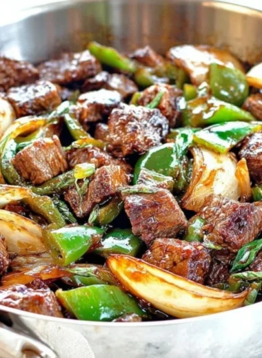 Better-than-takeout teriyaki steak bites with green pepper and onion served in a bowl