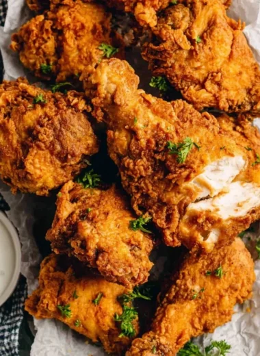 Plate of crispy buttermilk fried chicken garnished with herbs