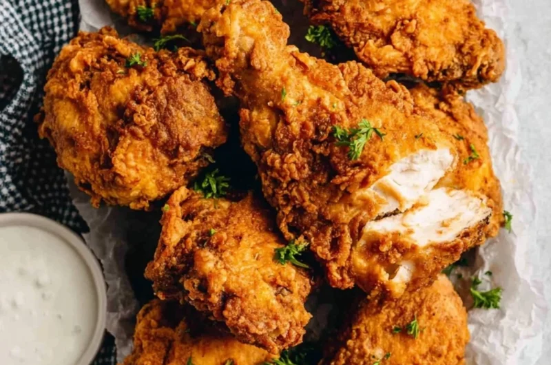 Plate of crispy buttermilk fried chicken garnished with herbs
