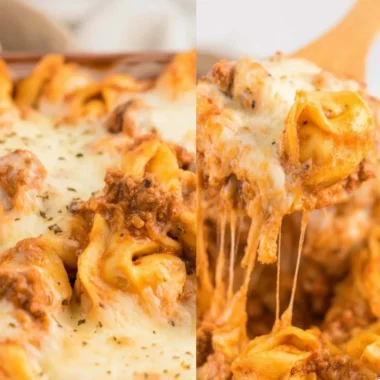Cheesy Baked Tortellini Casserole topped with melted cheese and herbs
