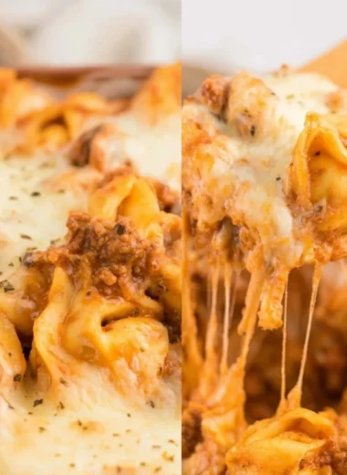 Cheesy Baked Tortellini Casserole topped with melted cheese and herbs