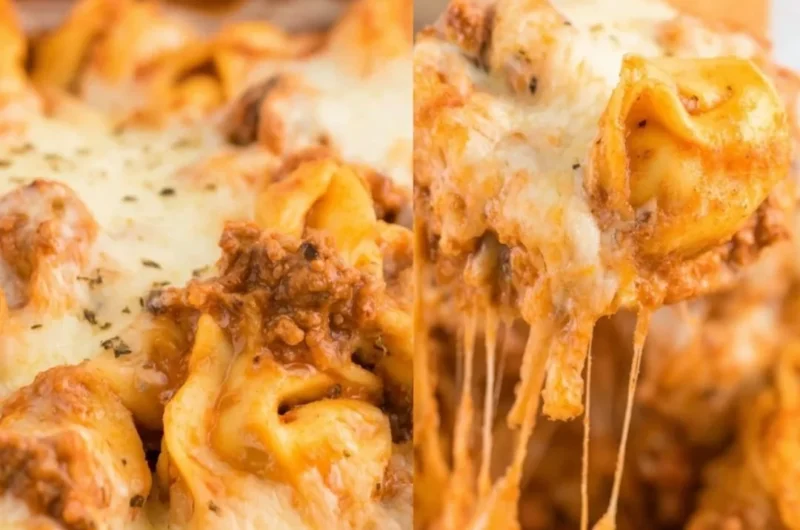Cheesy Baked Tortellini Casserole topped with melted cheese and herbs