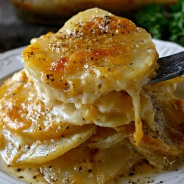Cheesy garlic scalloped potatoes served in a baking dish