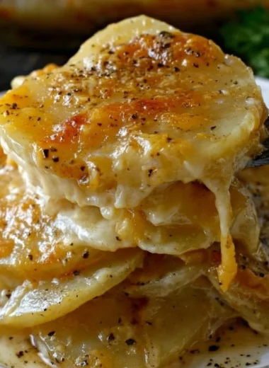 Cheesy garlic scalloped potatoes served in a baking dish