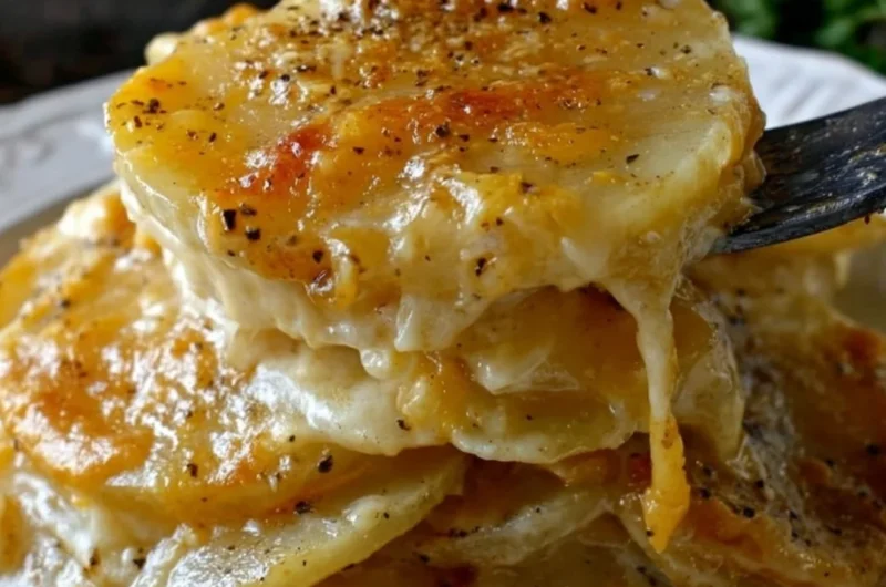Cheesy garlic scalloped potatoes served in a baking dish