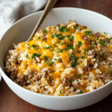 Cheesy ground beef and rice casserole baked in a dish