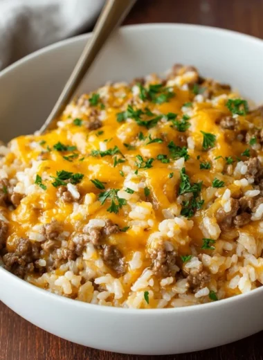 Cheesy ground beef and rice casserole baked in a dish
