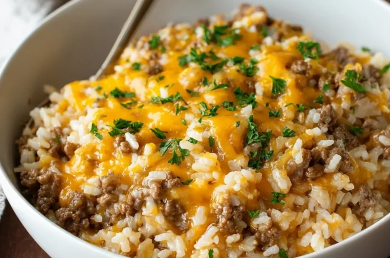 Cheesy ground beef and rice casserole baked in a dish