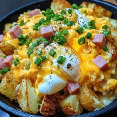 Cheesy potato egg scramble served on a plate with herbs and cheese