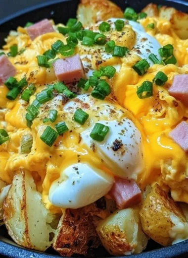 Cheesy potato egg scramble served on a plate with herbs and cheese