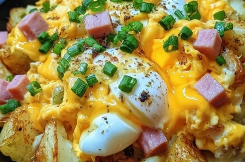 Cheesy potato egg scramble served on a plate with herbs and cheese