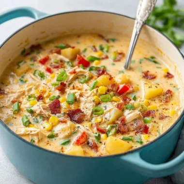 Bowl of creamy Chicken Corn Chowder with corn, chicken pieces, and herbs
