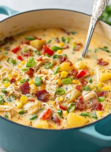 Bowl of creamy Chicken Corn Chowder with corn, chicken pieces, and herbs