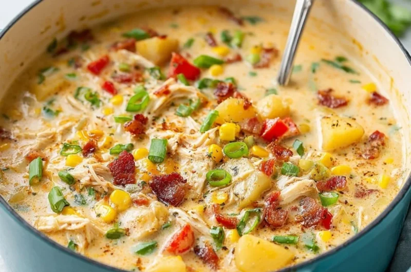 Bowl of creamy Chicken Corn Chowder with corn, chicken pieces, and herbs