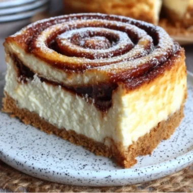 Delicious cinnamon roll honeybun cheesecake topped with icing and cinnamon.