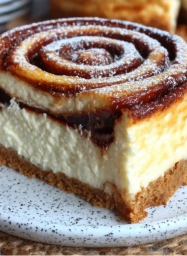 Delicious cinnamon roll honeybun cheesecake topped with icing and cinnamon.