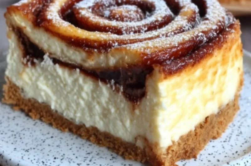 Delicious cinnamon roll honeybun cheesecake topped with icing and cinnamon.