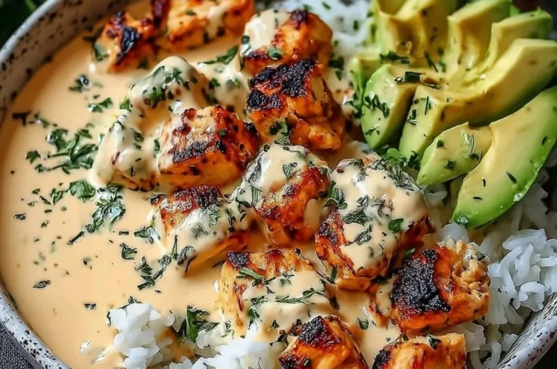 Coconut Chicken Rice Bowl served with fresh herbs and tropical ingredients
