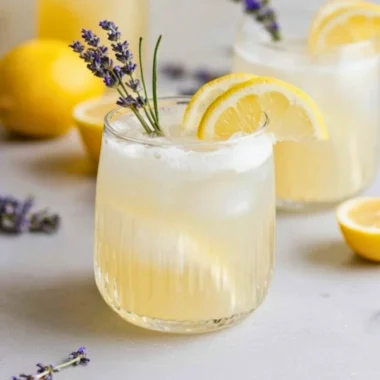 Coconut Lavender Lemonade Mocktail in a glass with lavender garnish