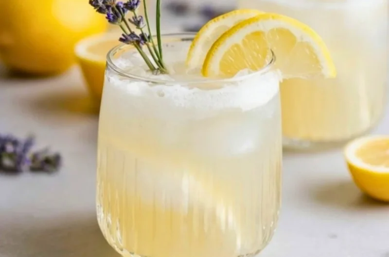 Coconut Lavender Lemonade Mocktail in a glass with lavender garnish