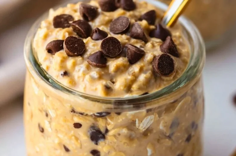 Bowl of cookie dough overnight oats topped with chocolate chips and nuts