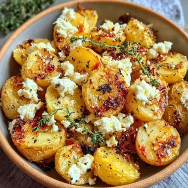 Delicious Greek feta roast potatoes garnished with herbs