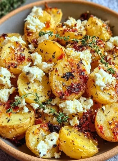 Delicious Greek feta roast potatoes garnished with herbs