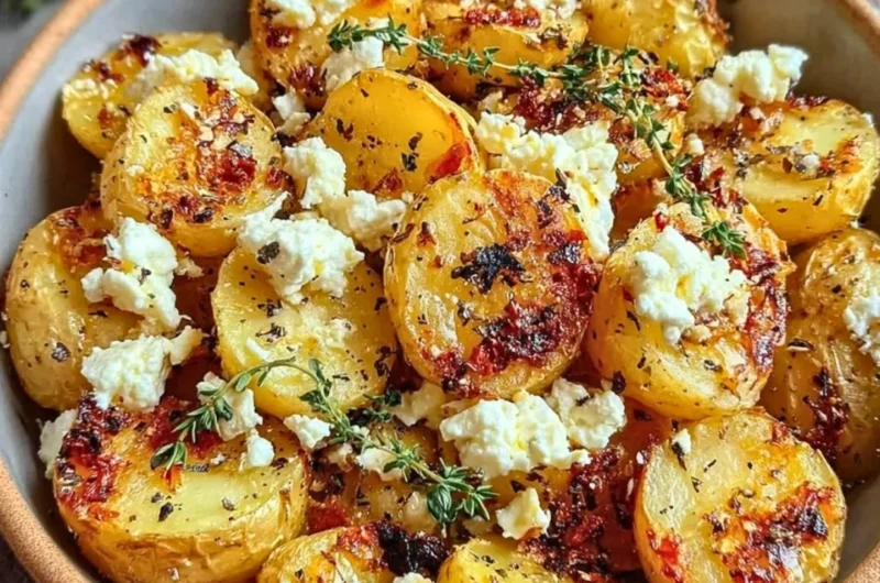 Delicious Greek feta roast potatoes garnished with herbs