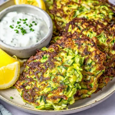 Delicious cozy zucchini fritters served on a plate with herbs and dipping sauce.