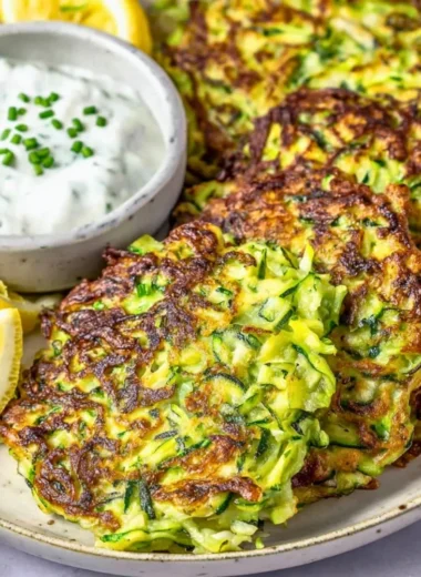 Delicious cozy zucchini fritters served on a plate with herbs and dipping sauce.