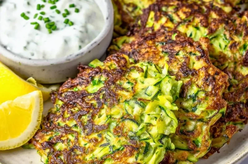 Delicious cozy zucchini fritters served on a plate with herbs and dipping sauce.