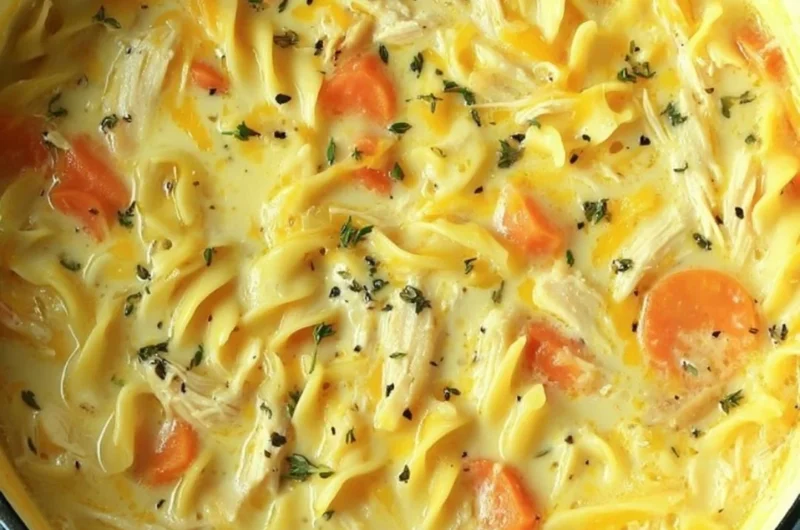 Delicious bowl of Crack Chicken Noodle Soup with chicken, noodles, and herbs