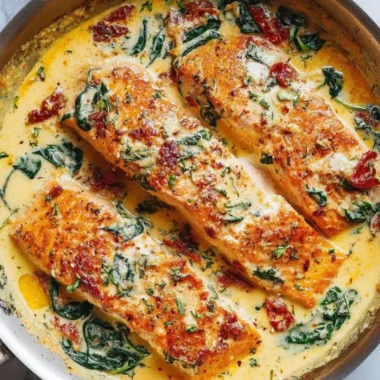 Creamy garlic Tuscan salmon with spinach and sun-dried tomatoes dish