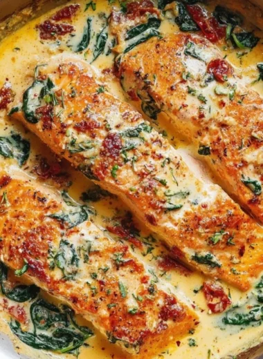 Creamy garlic Tuscan salmon with spinach and sun-dried tomatoes dish