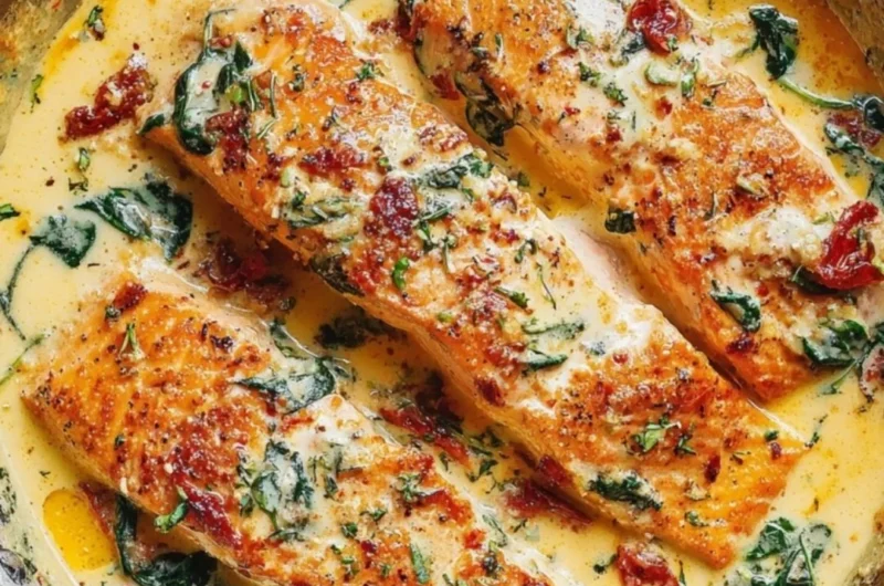 Creamy garlic Tuscan salmon with spinach and sun-dried tomatoes dish