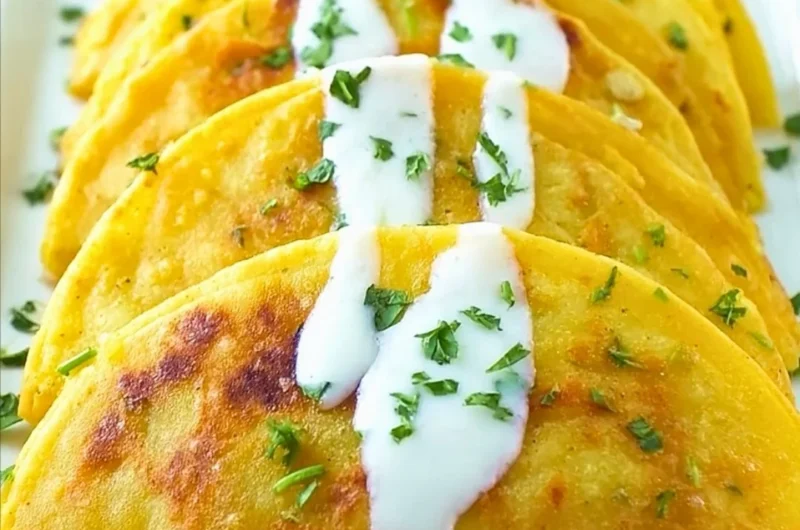 Plate of crispy potato tacos topped with fresh ingredients.