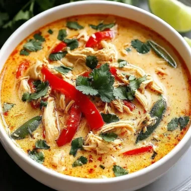 Bowl of Crockpot Thai Coconut Chicken Soup with herbs and spices