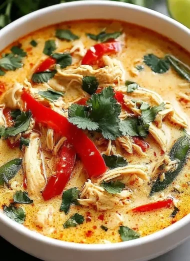 Bowl of Crockpot Thai Coconut Chicken Soup with herbs and spices
